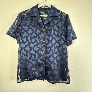 Vintage Sir Robert Womens Sheer Blue Pattern Short Sleeve Button-Up Shirt Medium